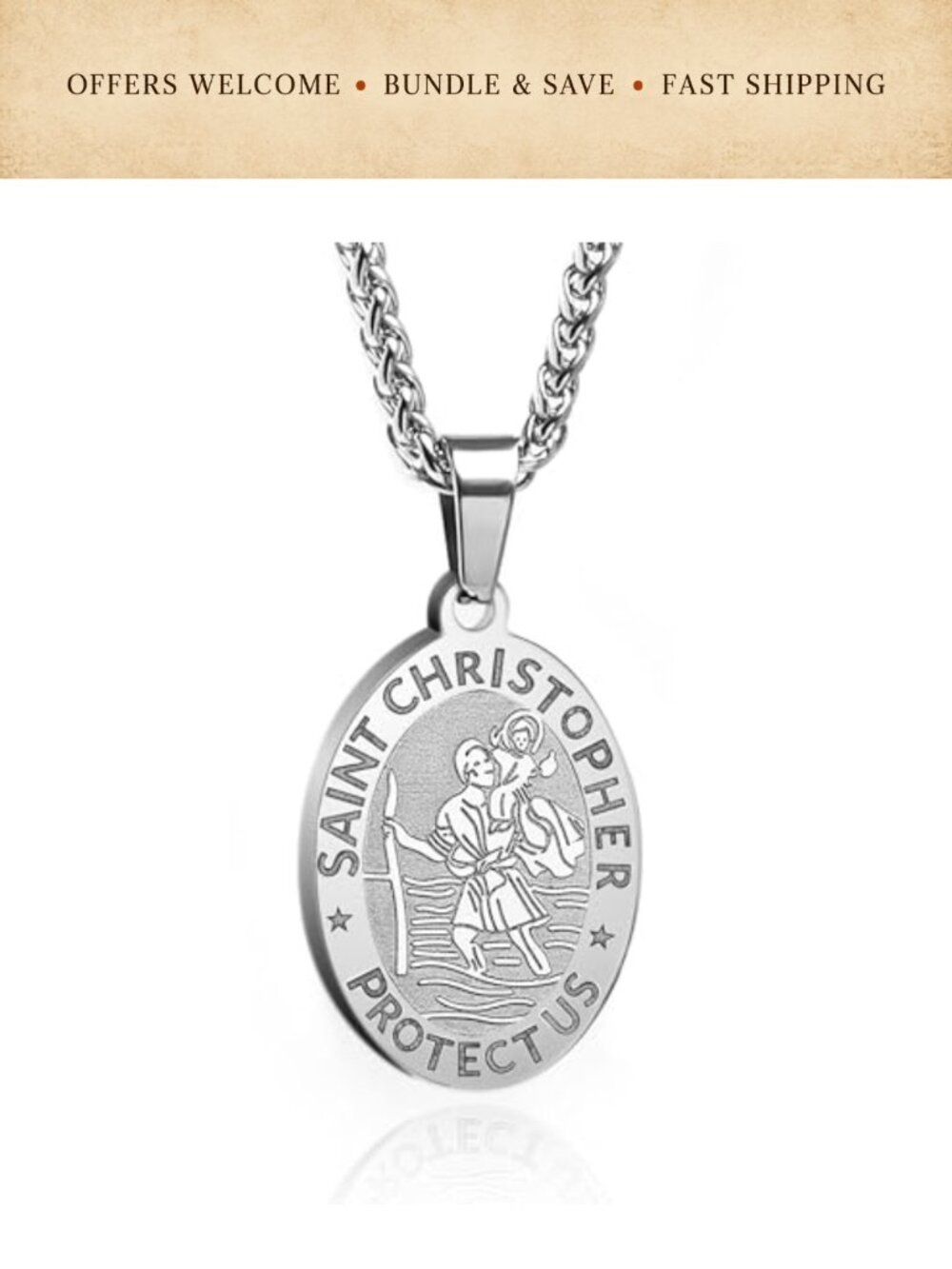Stainless Steel St Christopher Medal Necklace Wheat Chain 24 Inch Religious